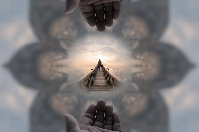 two hands holding hands with a person standing on a bridge