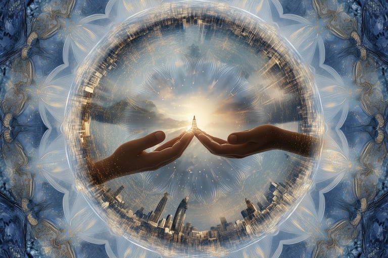 two hands holding hands with a sun in the background