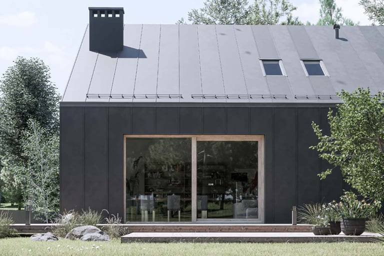 a house with a black roof and a black roof