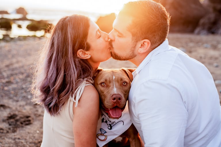 a man and woman kissing on the beach