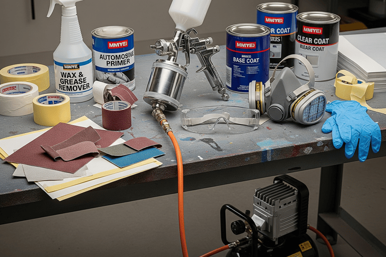 a table with a bunch of tools and supplies on it