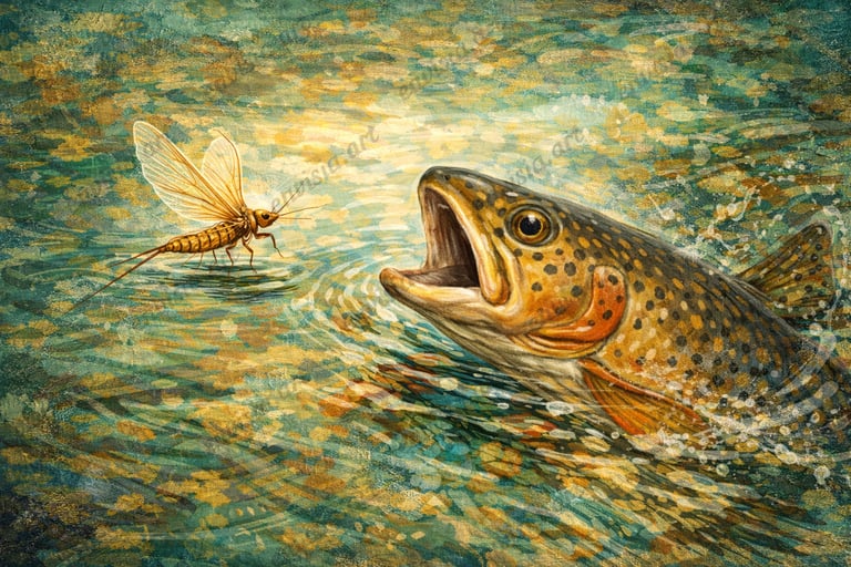 Compositional abstract of a brook trout and mayfly, referencing Today’s Meal and natural tension
