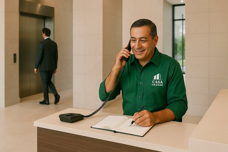 Portero de edificio en Lima con uniforme revisando lista de entregas