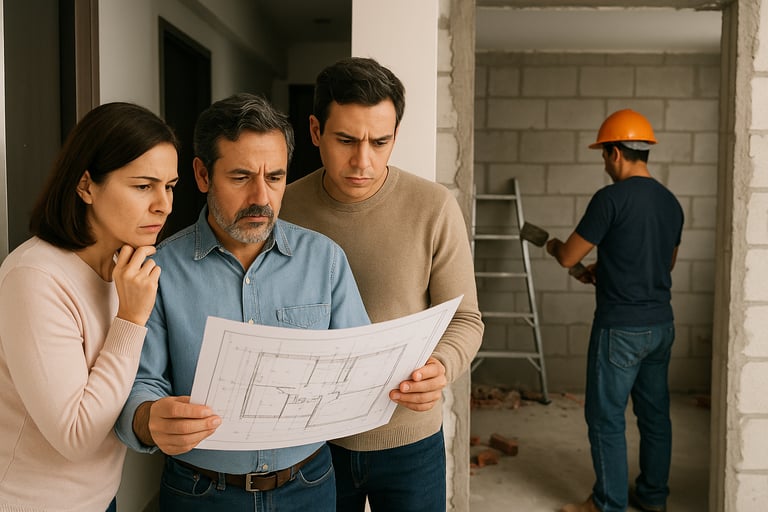Vecinos revisando planos frente a una construcción no autorizada en un departamento