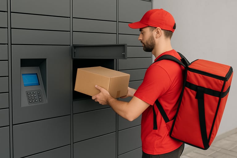 un repartidor dejando un paquete en un locker inteligente