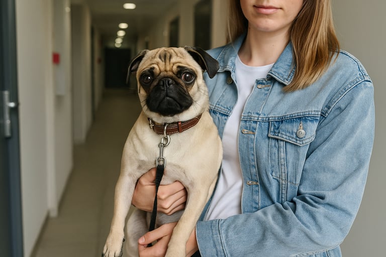Mujer sosteniendo a su mascota en un pasillo de edificio multifamiliar, tenencia responsable
