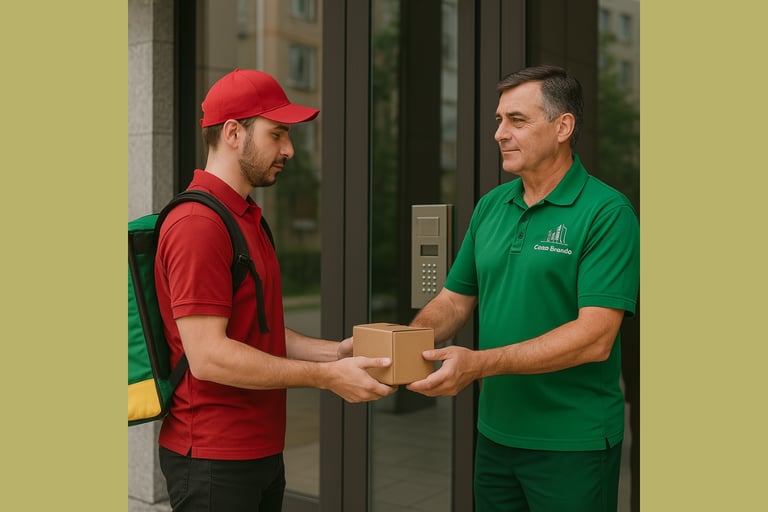 portero recibiendo el delivery en la puerta del edificio