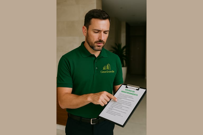 Administrador mostrando documento de cobranza a vecino moroso