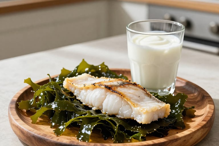 Iodine-rich foods including seaweed and cod supporting pineal gland and natural healing 