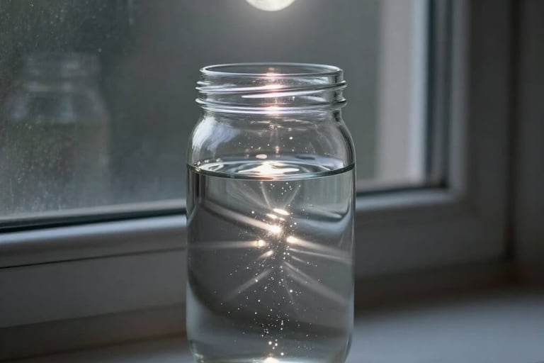 Moon water ritual charging water with lunar energy on windowsill overnight