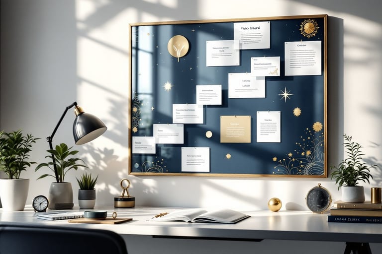 Vision board workspace showing manifestation goals and affirmations with natural lighting and spirit