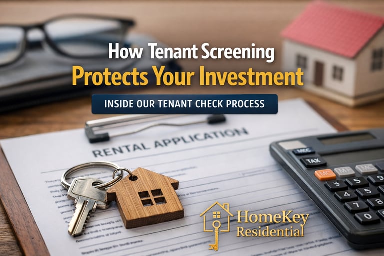 Rental application document with house keys and calculator for property investment tenant screening.