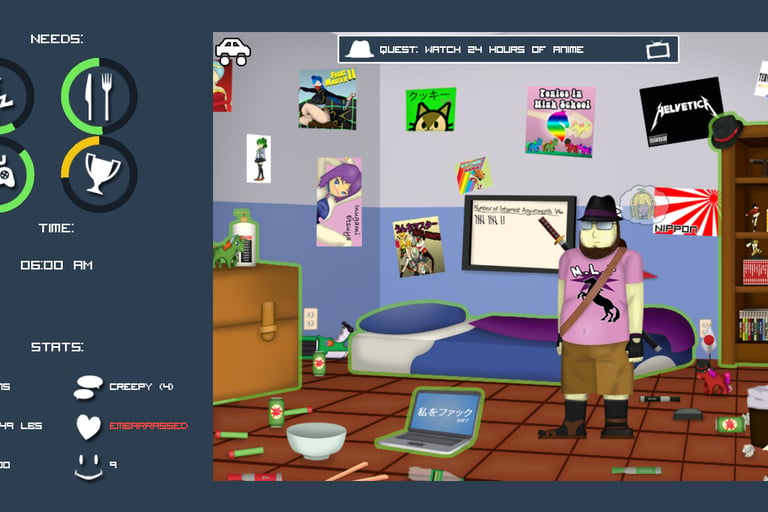 Screenshot of the remake of Fedorable Life, a neckbeard simulator, showing the redesigned interface.