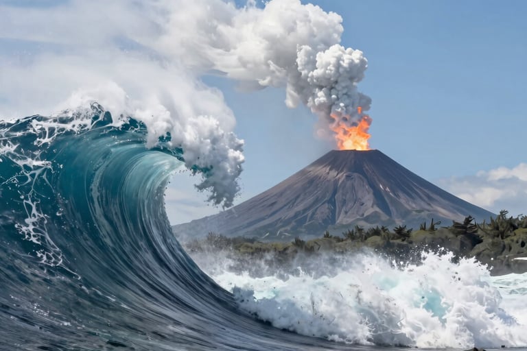 Tsunami wave and volcano