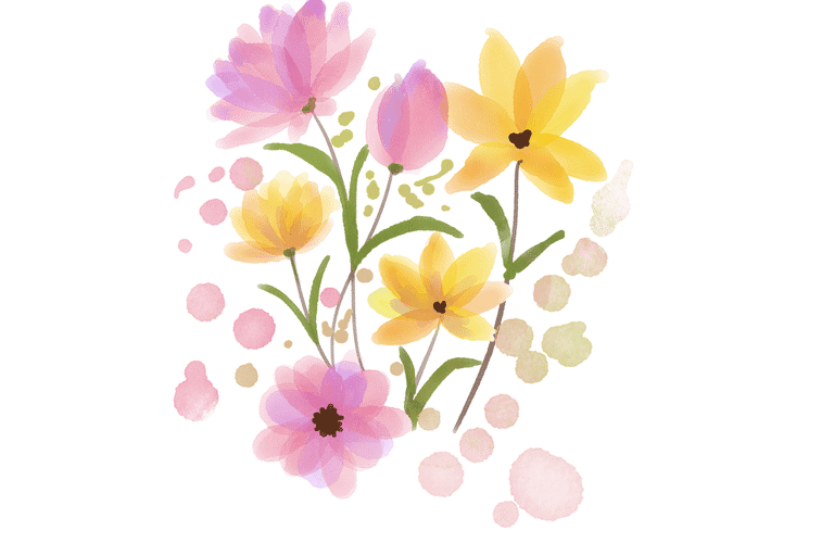 a watercolor painting of a few pink and yellow flowers