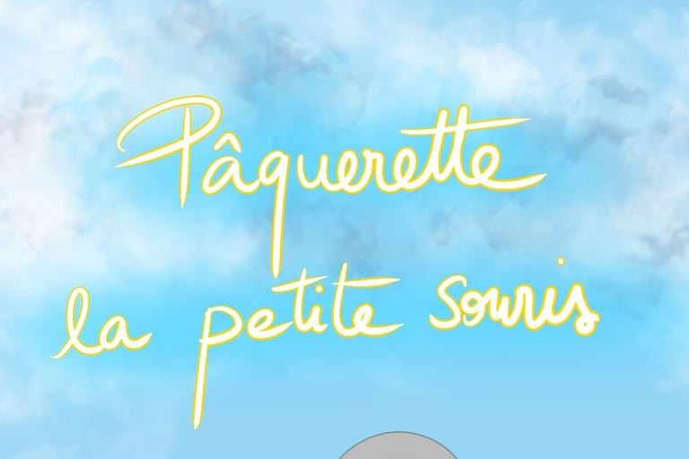 Titre illustré “Pâquerette la petite souris” écrit en jaune sur fond bleu pastel nuageux
