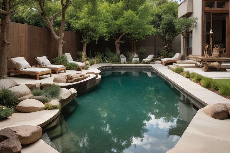 a pool with a lounge chair and a couch