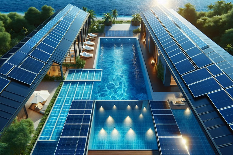 a pool with solar panels and solar panels
