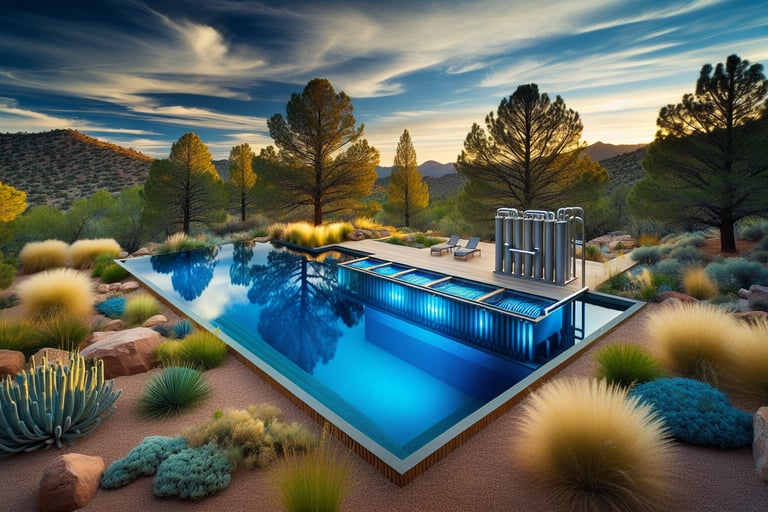 a pool with a pool and a deck chair