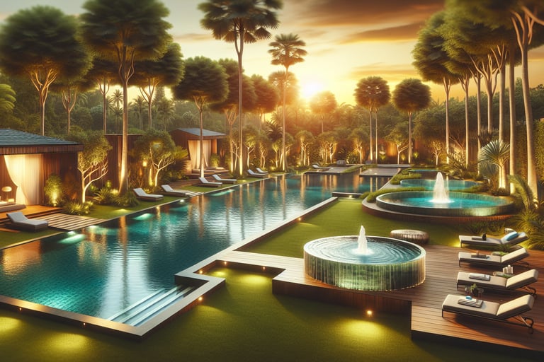 a pool with a fountain and a fountain