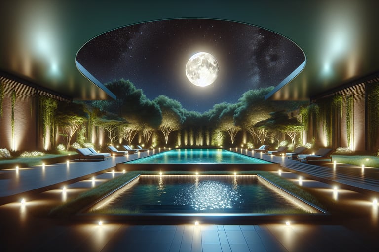 a pool with a full moon in the background