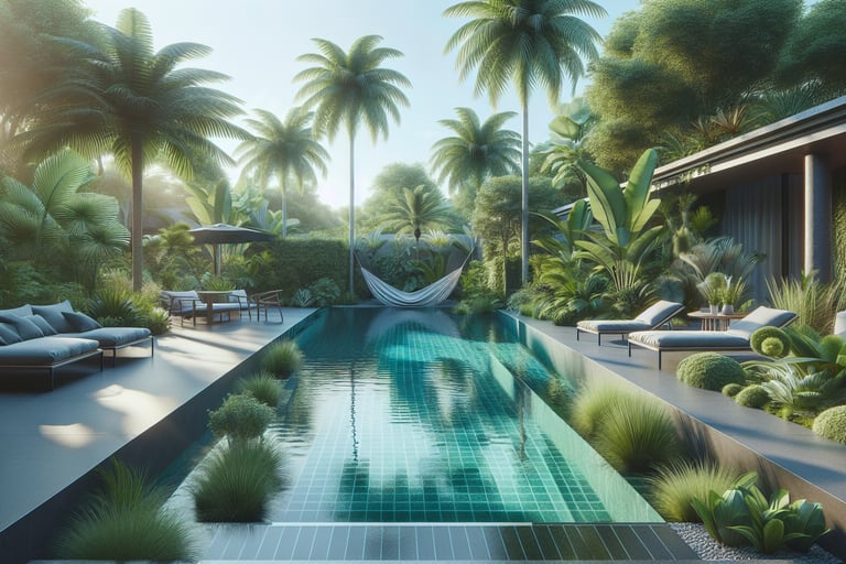 a pool with a hammock and lounge chairs