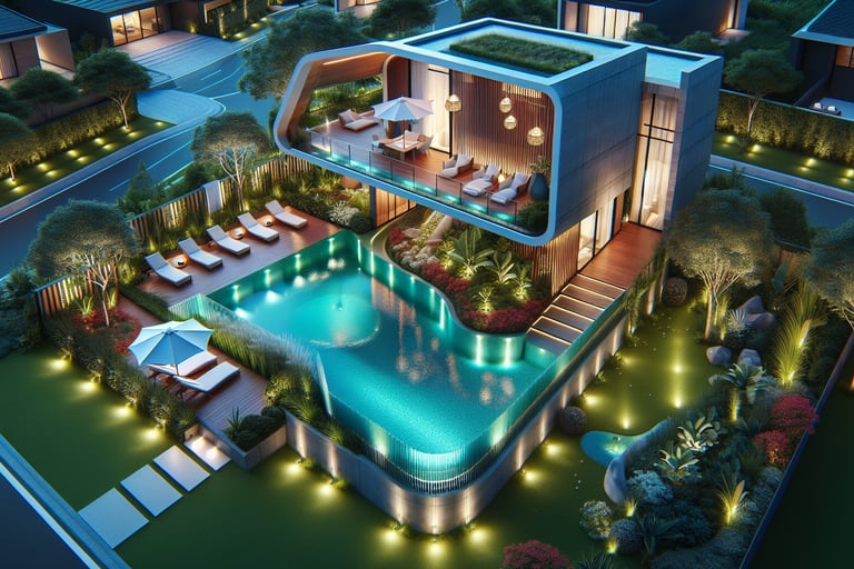 a house with a pool and a pool in the middle of the night