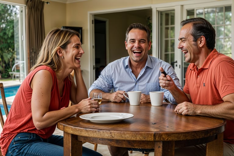a man and woman sitting at a table a swimming pool contractor