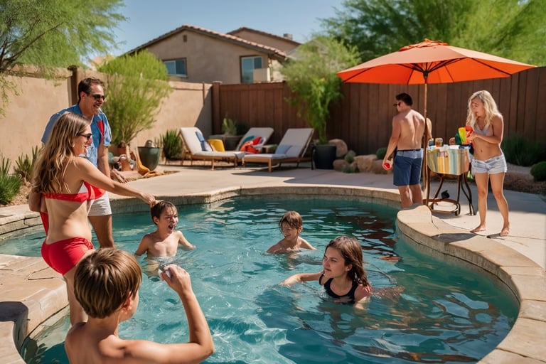 a family gathering in a pool with a family