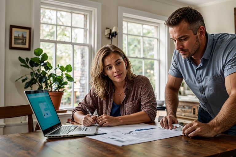 a man and woman sitting at a table with bids from pool contractors