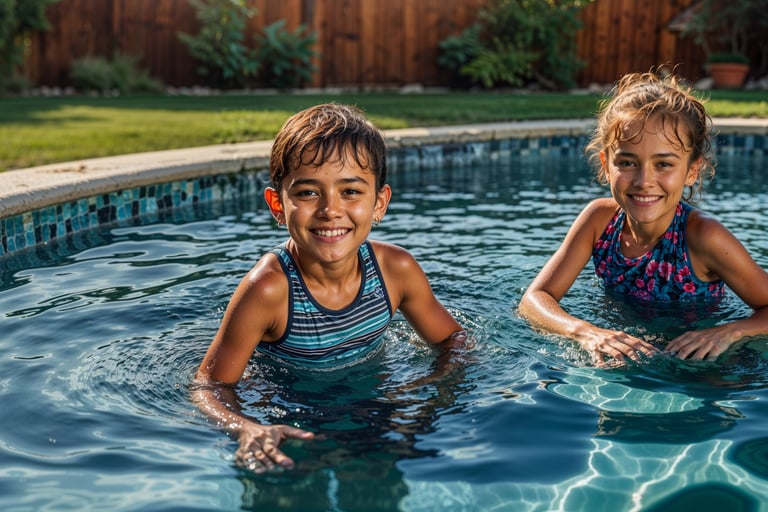 two young children in a pool with their hands on their knees