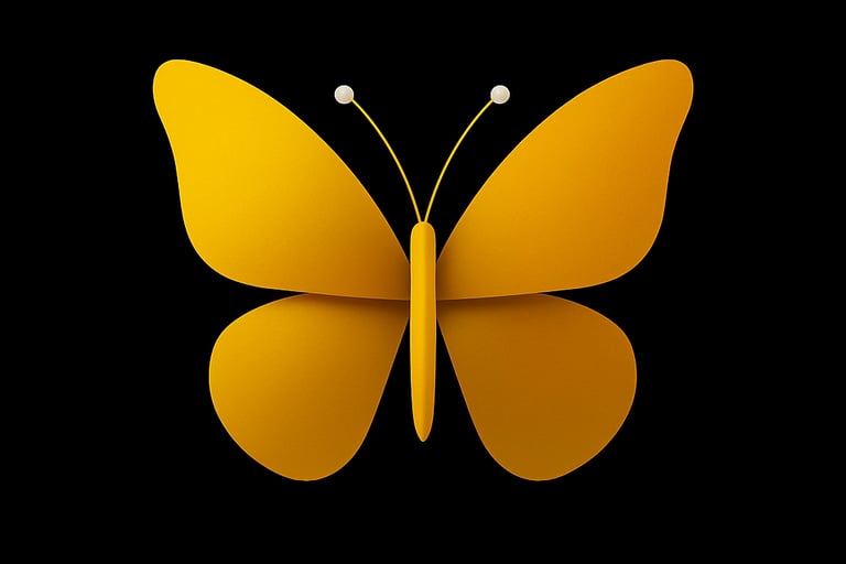 Yellow butterfly icon with white-tipped antennae on black background, symbolising joy and spiritual