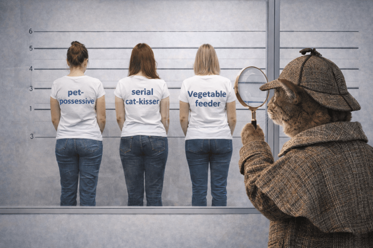 A cat detective in a trench coat investigates a three women wearing funny pet t-shirts