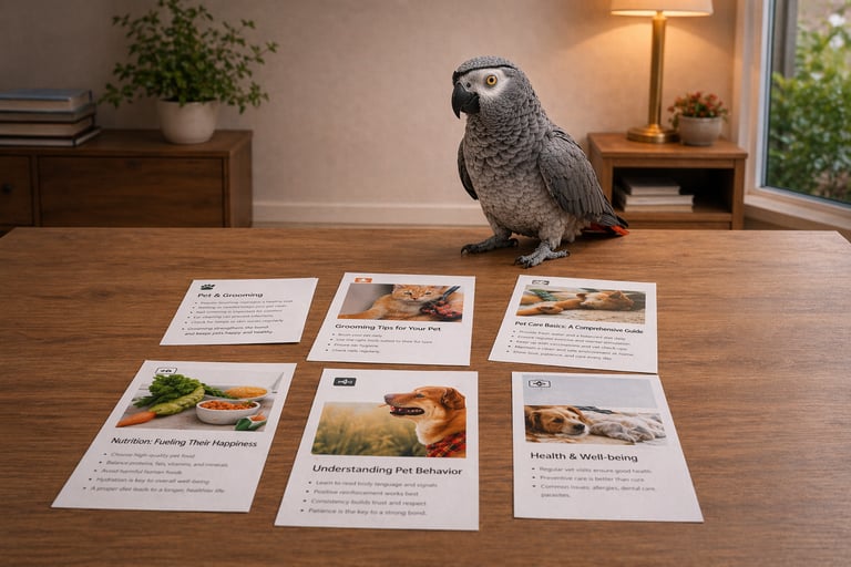 An African Grey parrot standing on a wooden table near pet care information cards about grooming and nutrition.