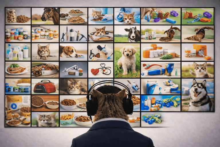 A cat in a suit wearing headphones watches a monitor showing pet care products and animals.