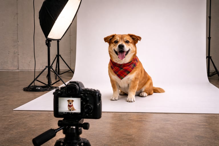A happy dog wearing a red plaid bandana posing for a professional pet photoshoot in a studio.