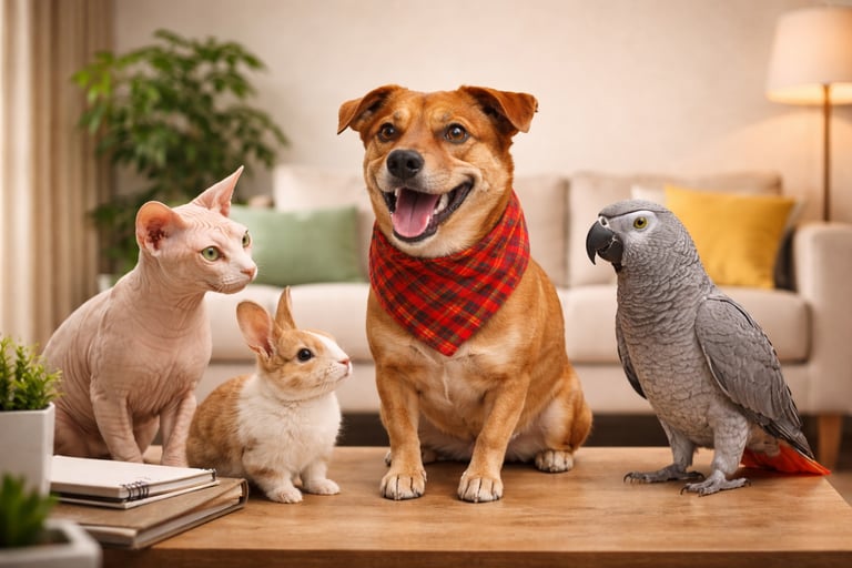 A brown dog, sphinx cat, rabbit, and African grey parrot posing together in a cozy living room.