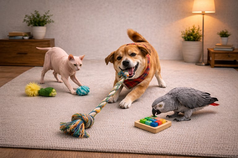 A dog playing with a rope toy alongside a Sphynx cat and African Grey parrot with enrichment toys.