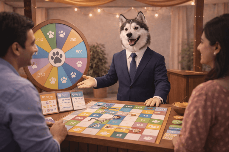 A husky wearing a suit hosting a pet-themed board game for a smiling couple.