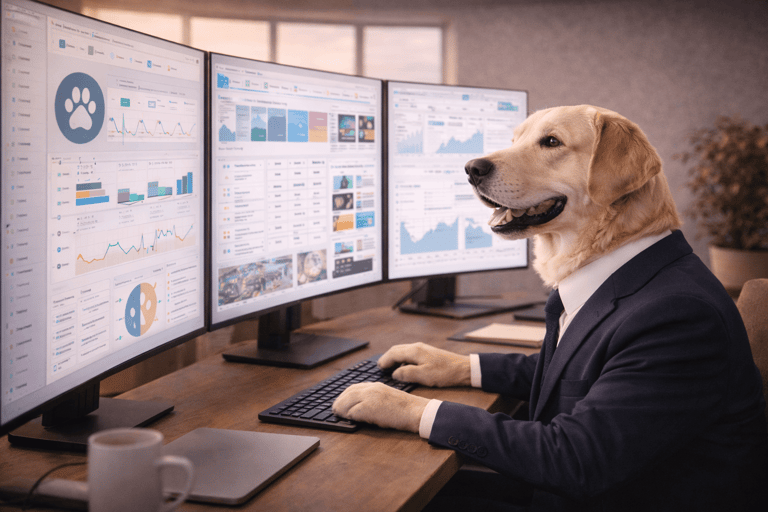 A golden retriever in a business suit analyzing data on three large computer monitors in an office.