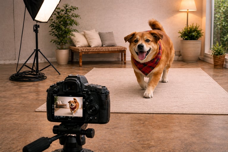 A cute dog wearing a red bandana posing for a professional pet photography session in a studio.