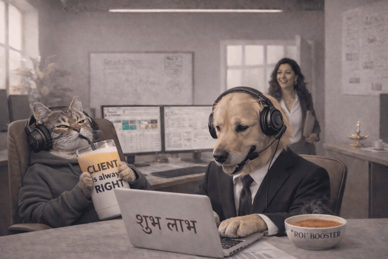 Office scene with a dog and cat in business attire wearing headsets while working on laptops.