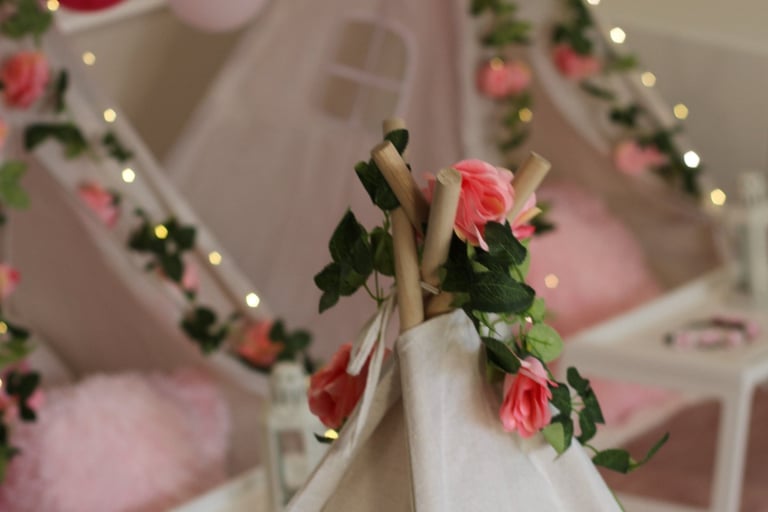 teepee slumber hire enchanted flower theme with balloon garland