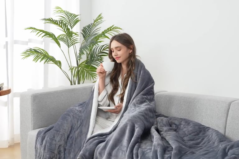 girl drinking tea in gray electric throw