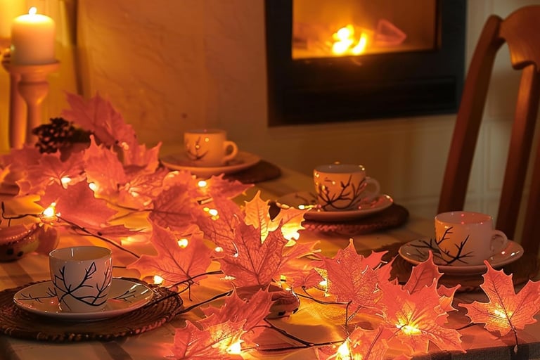 fairy lights maple leafs, a table with tea cups, a cozy fire in the distance