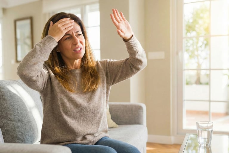 A woman sitting on a sofa wincing and shielding her eyes from bright window light