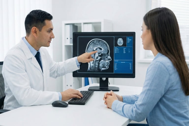 Dr. Sherif Makar points to a brain MRI scan on a computer monitor, explaining diagnostic results