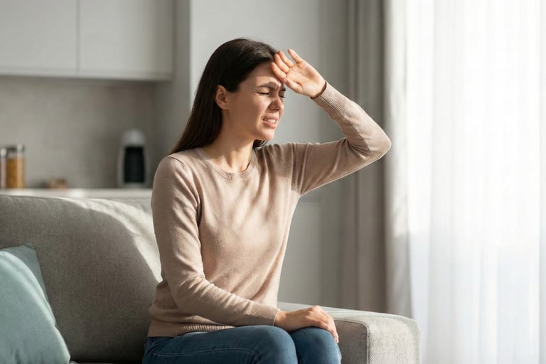 woman sitting on a sofa in a living room, wincing in pain and shielding her eyes from the bright light of a window
