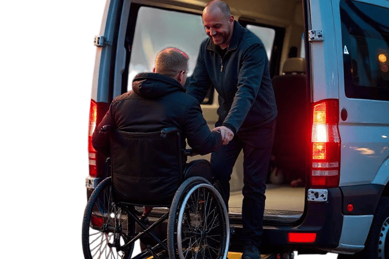 a man in a wheelchair is being assisted by a wheelchair