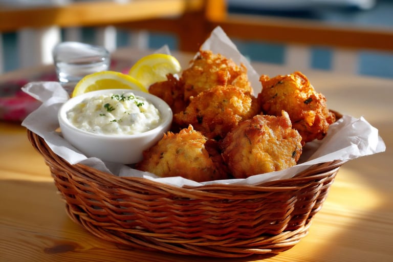 clam cakes in basket with tartar sauce
